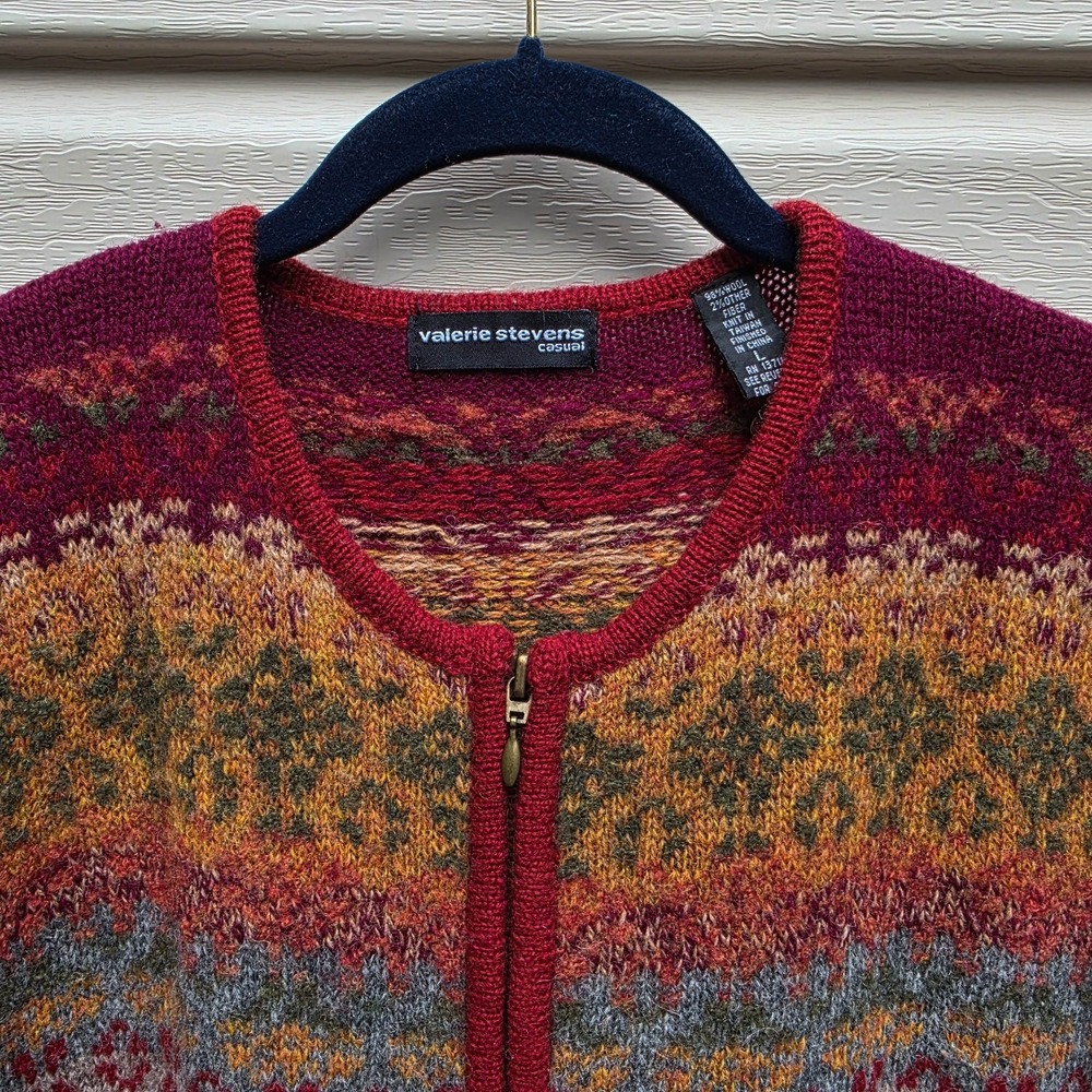 VTG Nordic Scandinavian Wool Cardigan Womens L Fair Isle Zip Fringe Cottage - Picture 4 of 10